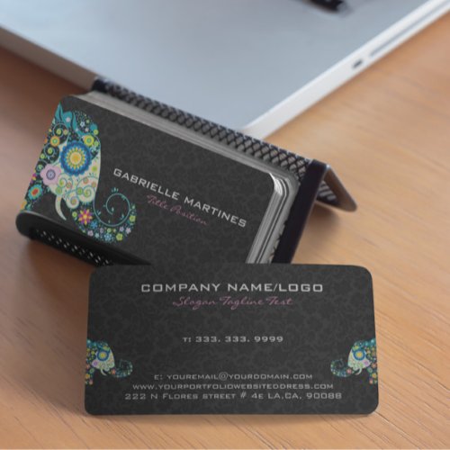 Colorful Retro Floral Elephant &amp; Black Damasks Business Card