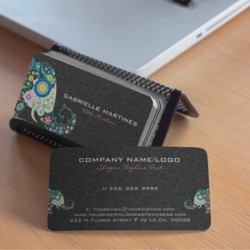 Customizable Colorful Retro Floral Elephant &amp; Black Damasks Business Card