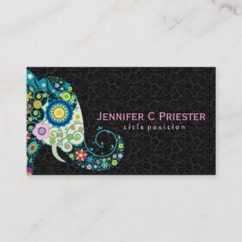 Colorful Retro Floral Elephant & Black Damasks Business Card by artOnWear at Zazzle