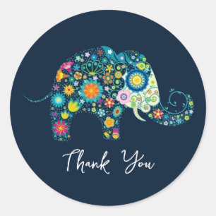 Colorful Retro Floral Elephant & Black Damasks Classic Round Sticker