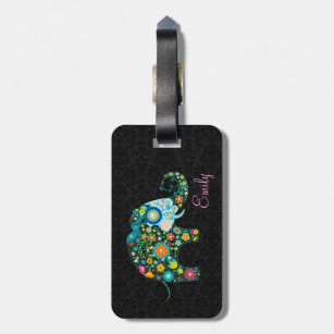 Colorful Retro Floral Elephant Black Damasks Luggage Tag