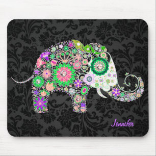 Colorful Retro Floral Elephant & Diamonds 3 Mouse Pad