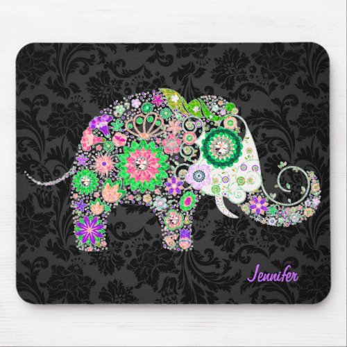 Colorful Retro Floral Elephant  Diamonds 3 Mouse Pad