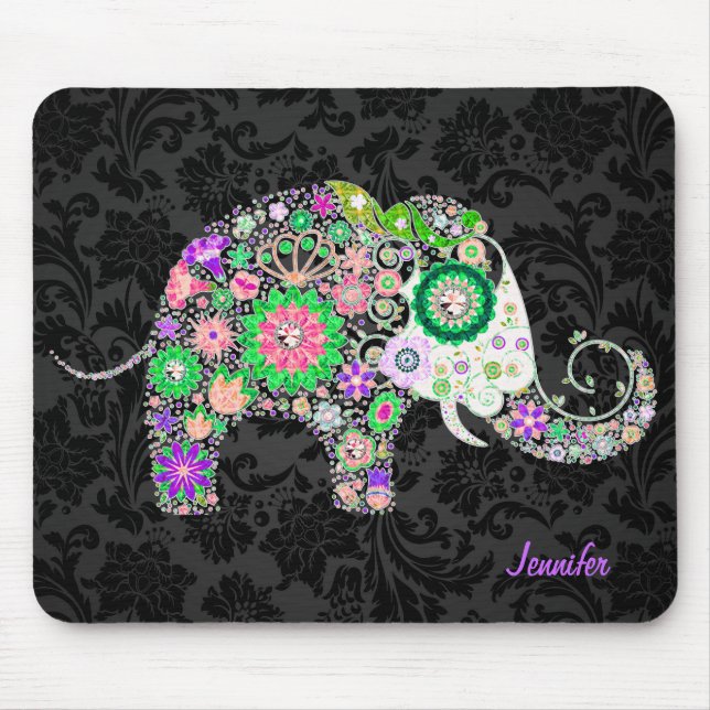 Colorful Retro Floral Elephant & Diamonds 3 Mouse Pad (Front)