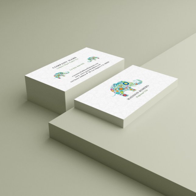 Colorful Retro Floral Elephant Illustration Business Card (Creator Uploaded)
