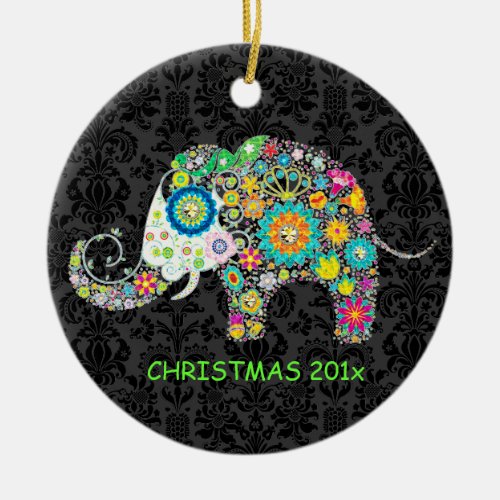 Colorful Retro Floral Elephant Illustration Ceramic Ornament