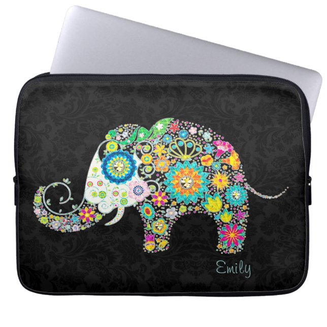 Colorful Retro Floral Elephant Laptop Sleeve (Front)