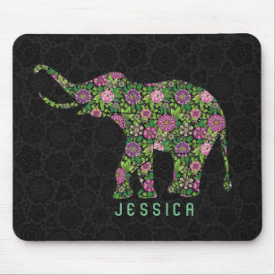 Colorful Retro Floral Elephant  Monogramed Mouse Pad