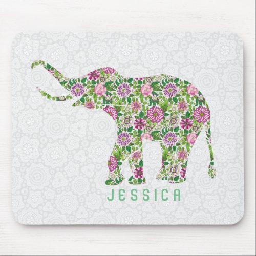 Colorful Retro Floral Elephant  On White Mouse Pad