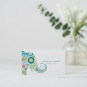 Colorful Retro Floral Elephant & White Damasks Business Card (Standing Front)