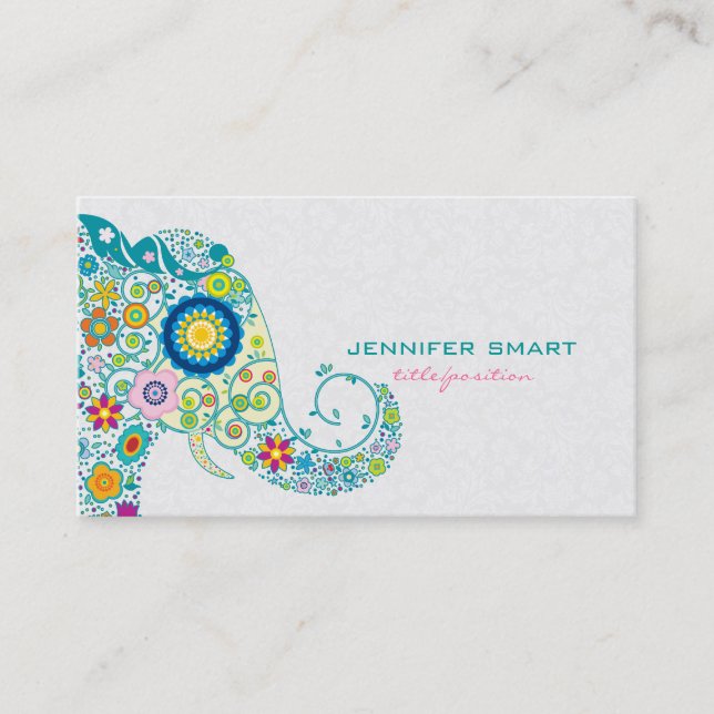 Colorful Retro Floral Elephant & White Damasks Business Card (Front)