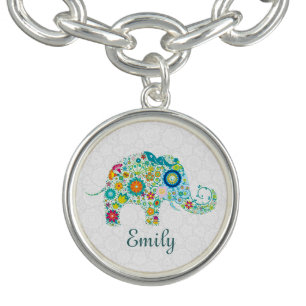 Colorful Retro Floral Elephant & White Damasks Charm Bracelet