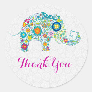 Colorful Retro Floral Elephant & White Damasks Classic Round Sticker