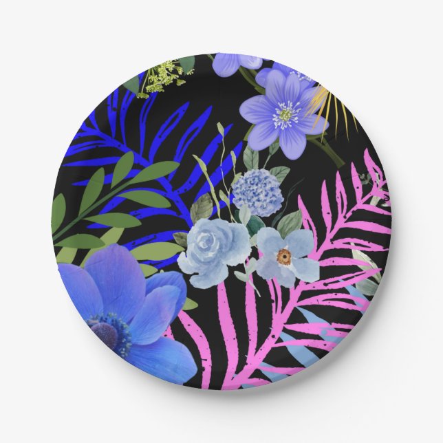 Colorful Retro Floral Fern Botanical Foliage  Paper Plates (Front)