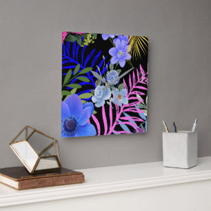 Colorful Retro Floral Fern Botanical Foliage  Square Wall Clock