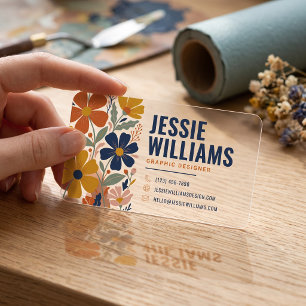 Colorful Retro Floral Modern Clear Business Cards