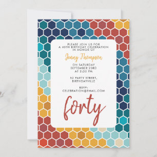 Colorful Retro Floral Mosaic Hexagon Birthday Invitation