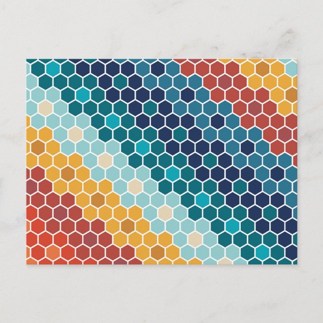 Colorful Retro Floral Mosaic Hexagon Pattern Holiday Postcard (Front)