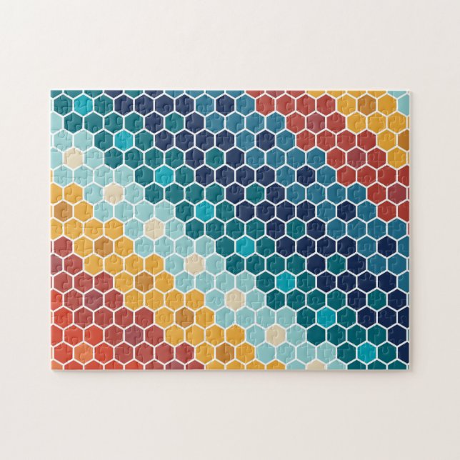 Colorful Retro Floral Mosaic Hexagon Pattern Jigsaw Puzzle (Horizontal)