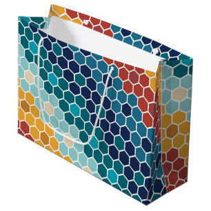 Colorful Retro Floral Mosaic Hexagon Pattern Large Gift Bag