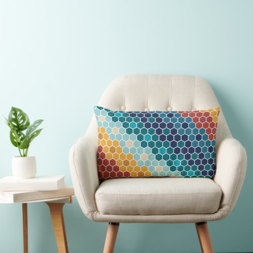 Colorful Retro Floral Mosaic Hexagon Pattern Lumbar Pillow