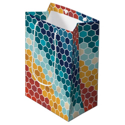 Colorful Retro Floral Mosaic Hexagon Pattern Medium Gift Bag