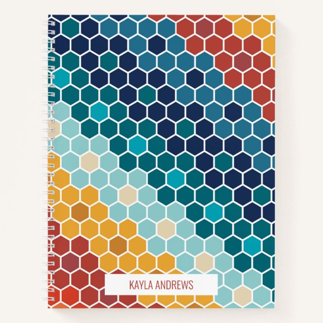 Colorful Retro Floral Mosaic Hexagon Pattern Notebook (Front)