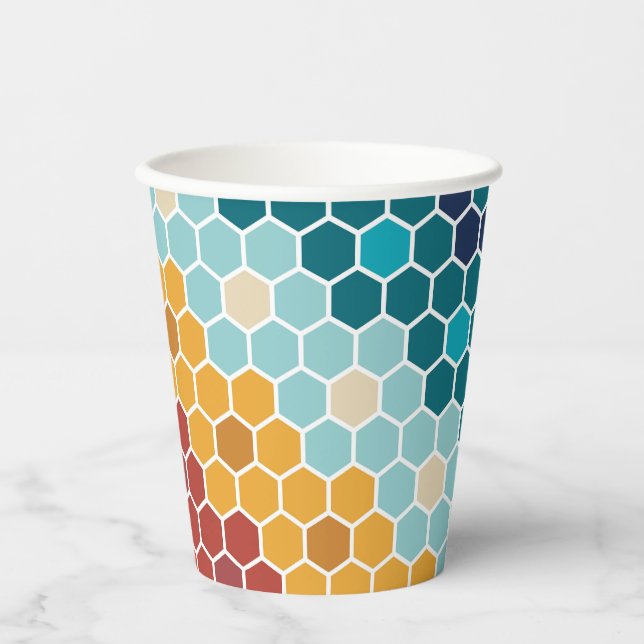 Colorful Retro Floral Mosaic Hexagon Pattern Paper Cups (Front)