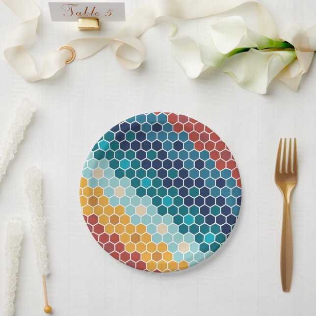 Colorful Retro Floral Mosaic Hexagon Pattern Paper Plates (Wedding)