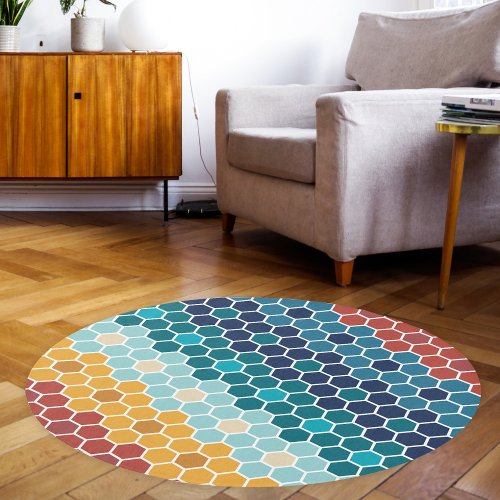 Colorful Retro Floral Mosaic Hexagon Pattern Rug