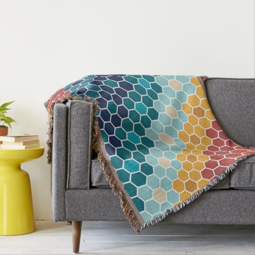 Colorful Retro Floral Mosaic Hexagon Pattern Throw Blanket