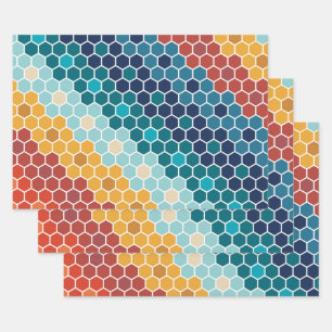 Colorful Retro Floral Mosaic Hexagon Pattern Wrapping Paper Sheets