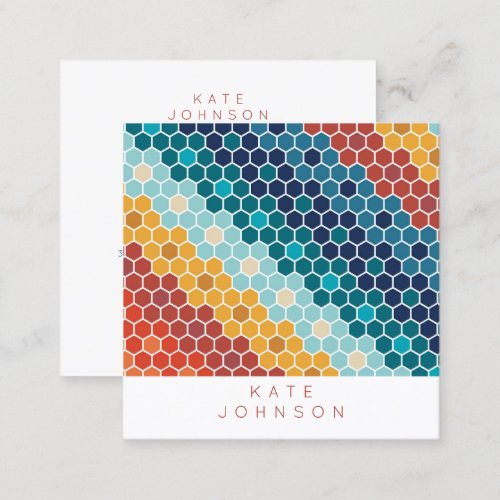 Colorful Retro Floral Mosaic Hexagon QR Code Square Business Card