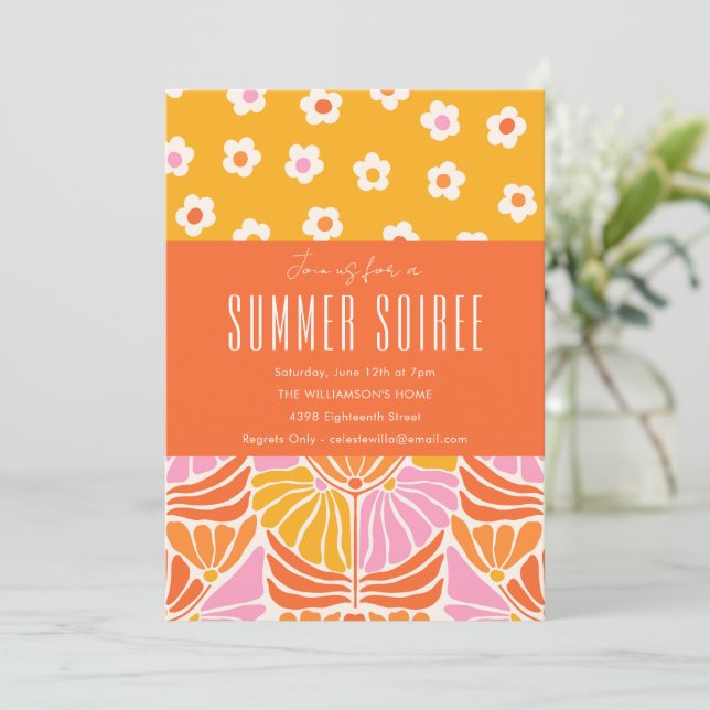 Colorful Retro Floral Orange Summer Soiree Invitation (Standing Front)
