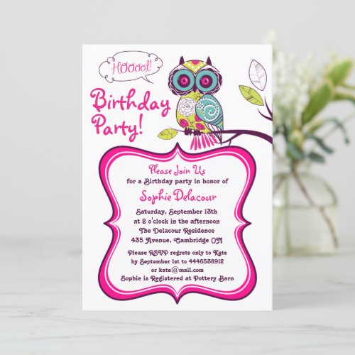 Retro Floral Owl Hot Pink Kids Birthday Invitation