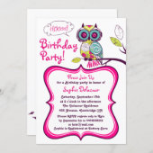 Colorful Retro Floral Owl Kids Birthday Party Invitation (Front/Back)