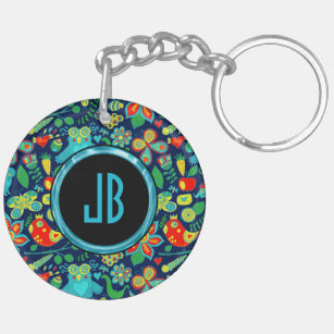 Colorful Retro Floral Owls Pattern Keychain
