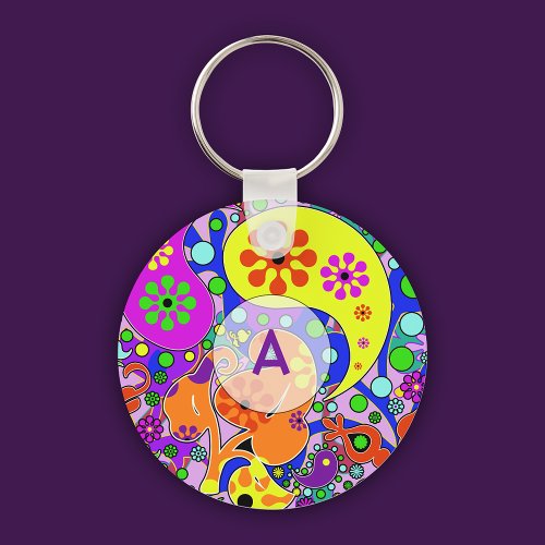 Colorful Retro Floral Paisley Purple Initial Keychain