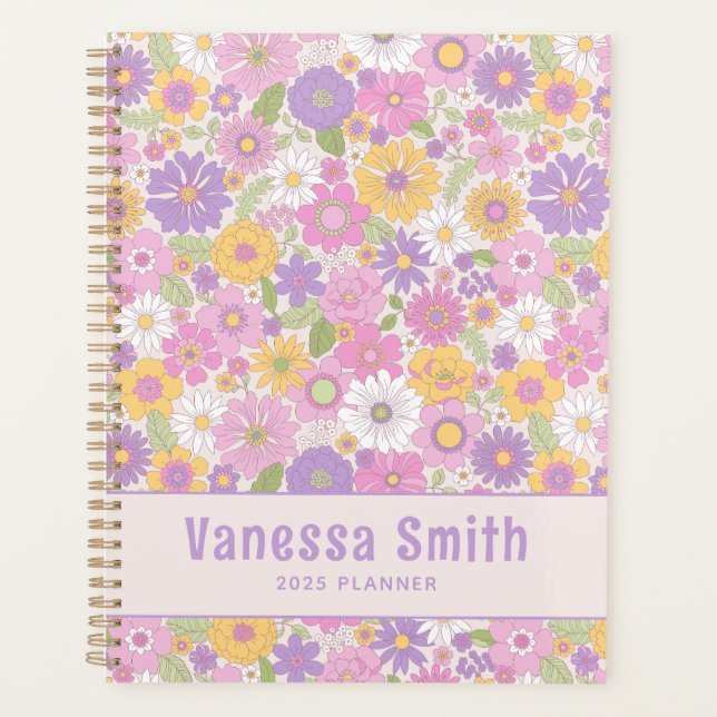Colorful Retro Floral Pattern Personalized Planner (Front)