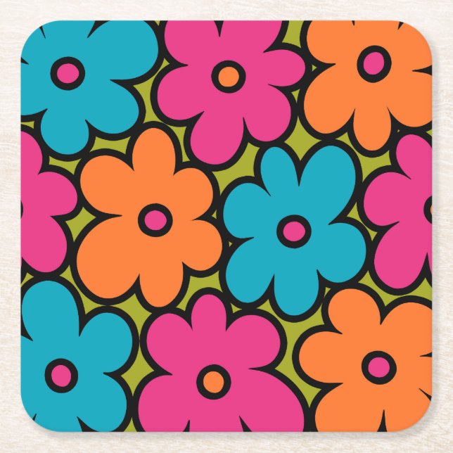 Colorful Retro Floral Pattern Square Paper Coaster (Front)