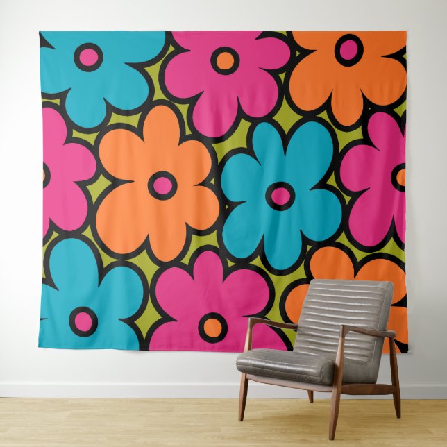 Colorful Retro Floral Pattern Tapestry (In Situ (Horizontal))