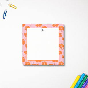 Colorful Retro Floral Pink and Orange Monogram Post-it Notes
