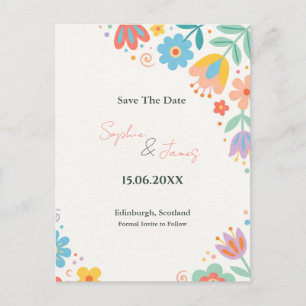 Colorful Retro Floral Save the Date Postcard