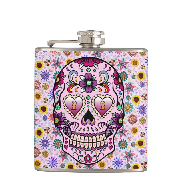 Colorful Retro Floral Skull Pink Tint 2 Flask (Front)