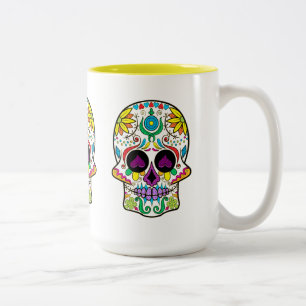 Colorful Retro Floral Skull Purple Hearts Two-Tone Coffee Mug