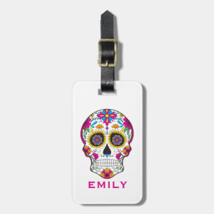 Colorful Retro Floral Sugar Skull 3 Luggage Tag