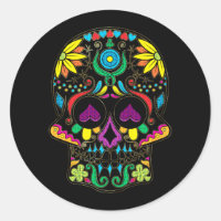 Colorful Retro Floral Sugar Skull 7 Classic Round Sticker