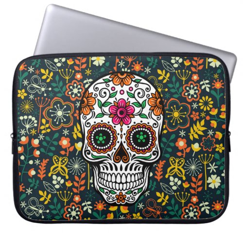 Colorful Retro Floral Sugar Skull Laptop Sleeve
