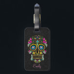 Colorful Retro Floral Sugar Skull Luggage Tag<br><div class="desc">Elegant black damasks background with colorful floral sugar skull</div>