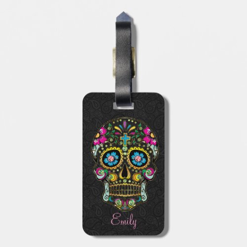 Colorful Retro Floral Sugar Skull Luggage Tag